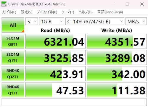 Ideapad Slim 3 Gen 10 14型AMDでのCrystalDiskMarkの実行結果